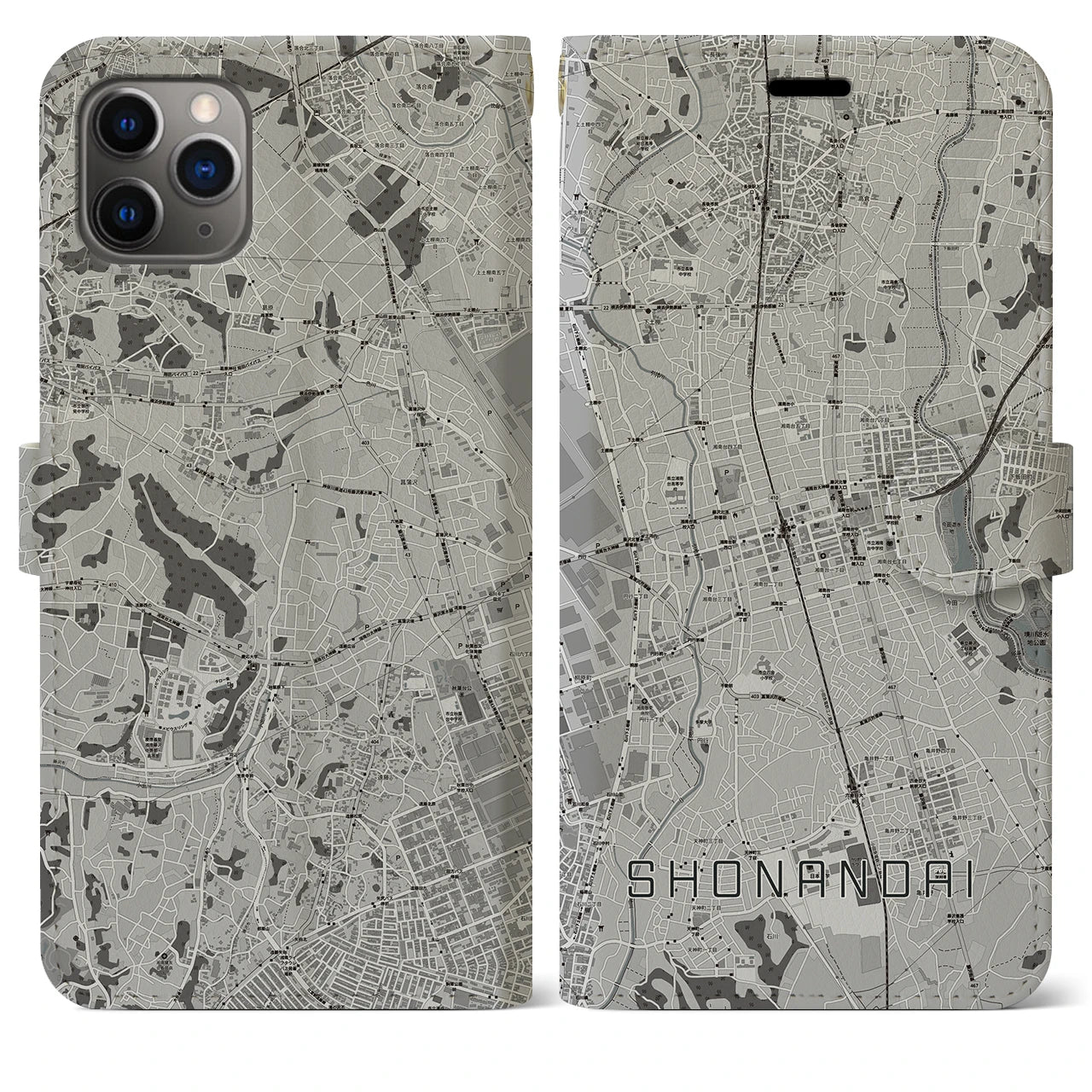【湘南台(神奈川県)】地図柄iPhoneケース(手帳タイプ)モノトーン・iPhone 11 Pro Max 用