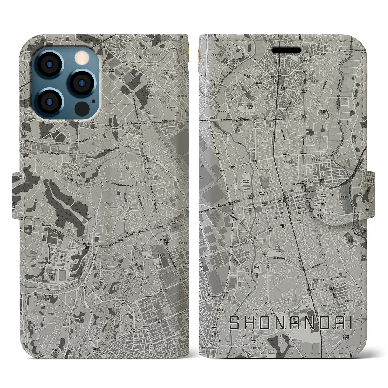 【湘南台(神奈川県)】地図柄iPhoneケース(手帳タイプ)モノトーン・iPhone 12 / 12 Pro 用