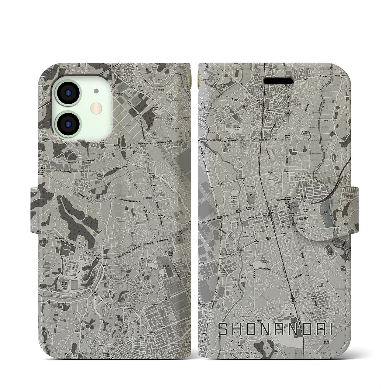 【湘南台(神奈川県)】地図柄iPhoneケース(手帳タイプ)モノトーン・iPhone 12 mini 用