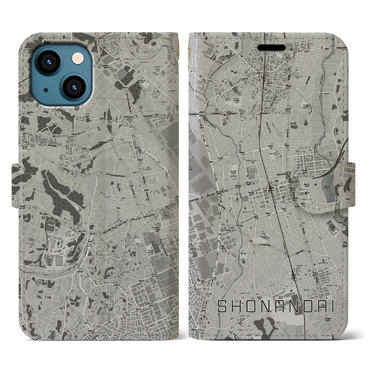 【湘南台(神奈川県)】地図柄iPhoneケース(手帳タイプ)モノトーン・iPhone 13 用