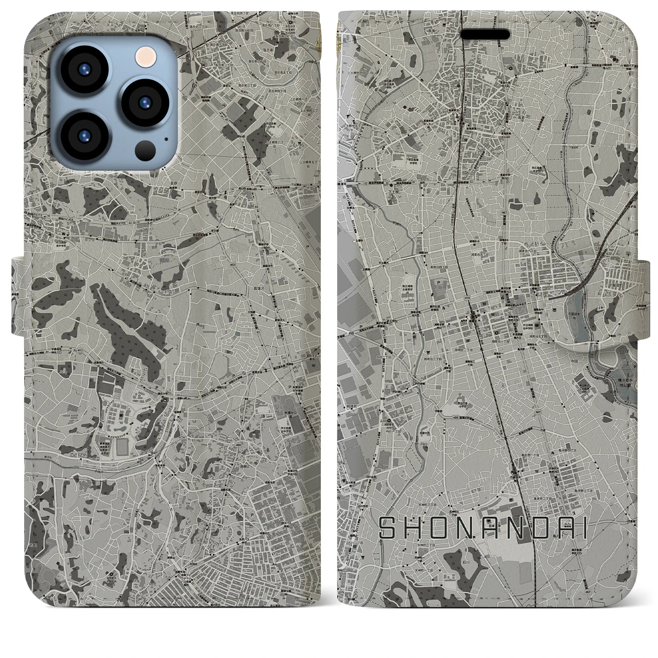 【湘南台(神奈川県)】地図柄iPhoneケース(手帳タイプ)モノトーン・iPhone 13 Pro Max 用
