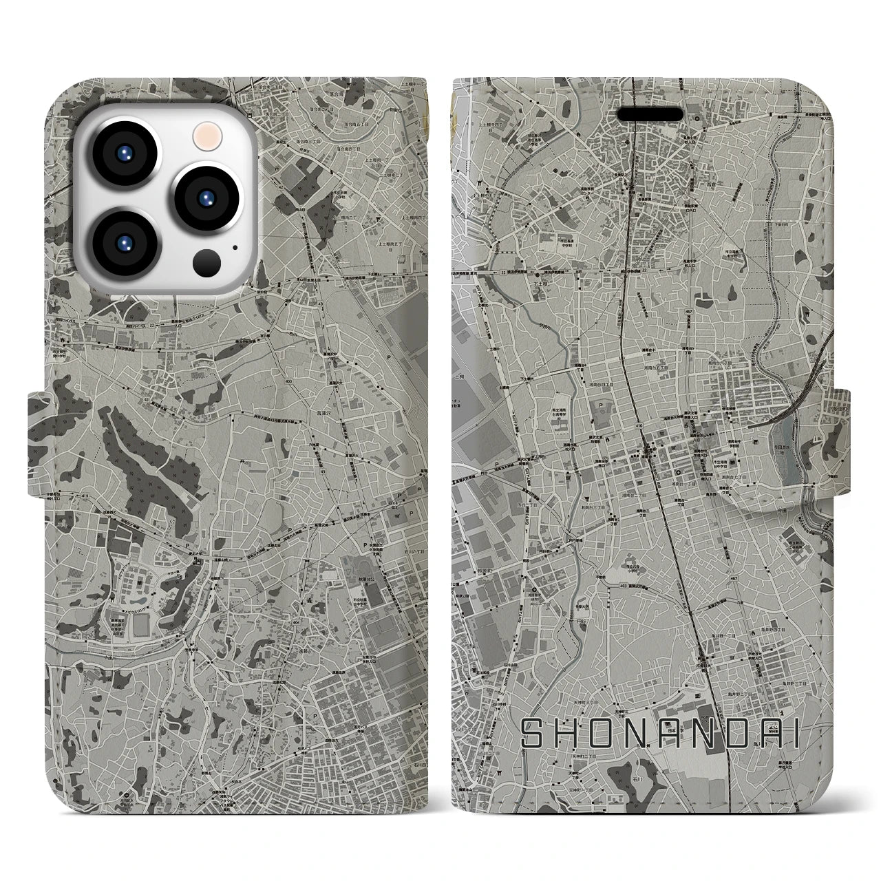 【湘南台(神奈川県)】地図柄iPhoneケース(手帳タイプ)モノトーン・iPhone 13 Pro 用