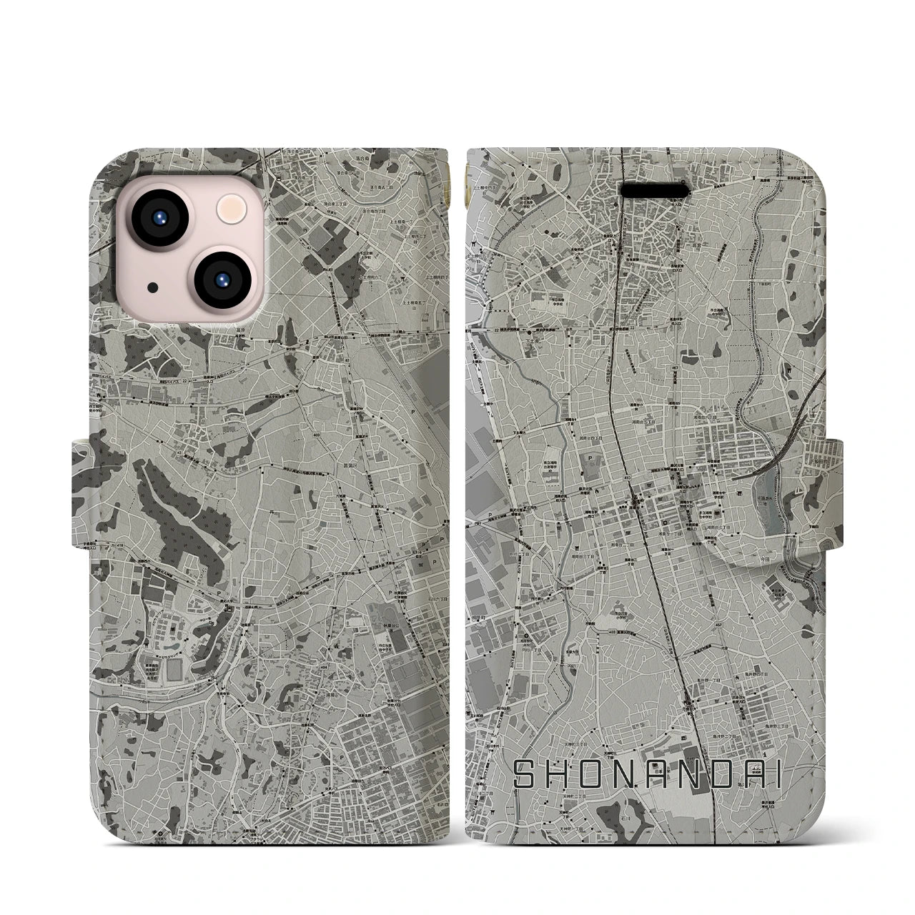 【湘南台(神奈川県)】地図柄iPhoneケース(手帳タイプ)モノトーン・iPhone 13 mini 用