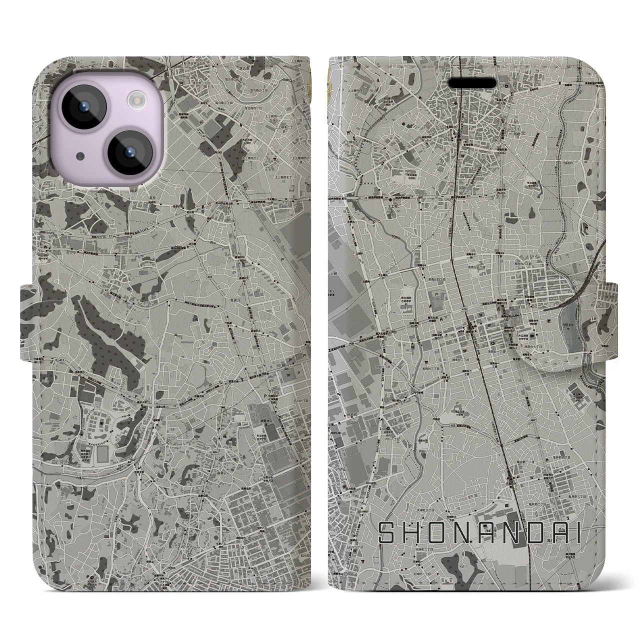 【湘南台(神奈川県)】地図柄iPhoneケース(手帳タイプ)モノトーン・iPhone 14 用
