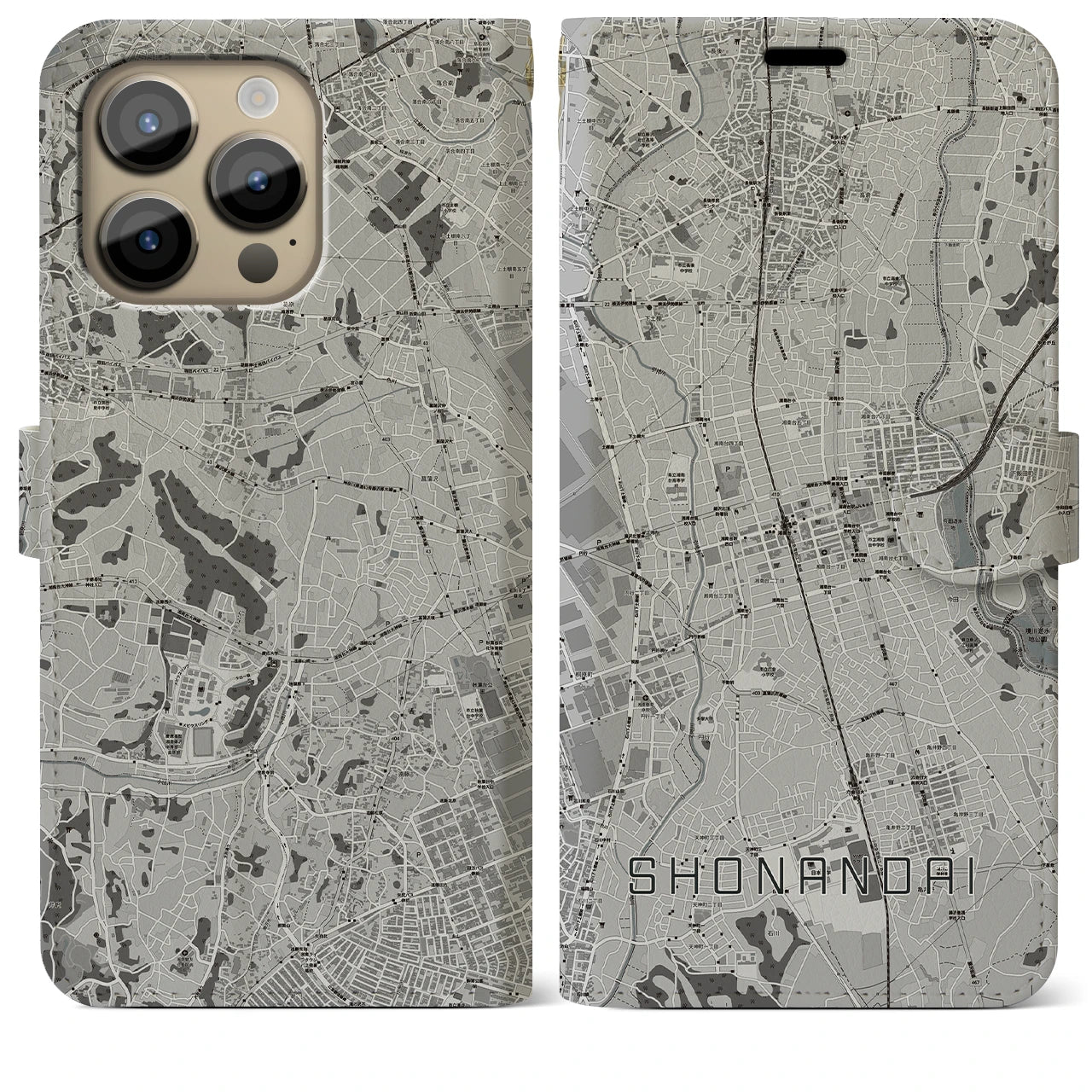 【湘南台(神奈川県)】地図柄iPhoneケース(手帳タイプ)モノトーン・iPhone 14 Pro Max 用