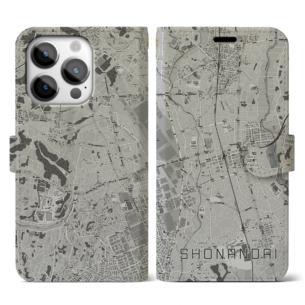 【湘南台(神奈川県)】地図柄iPhoneケース(手帳タイプ)モノトーン・iPhone 14 Pro 用