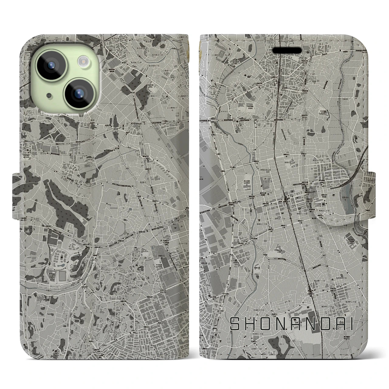 【湘南台(神奈川県)】地図柄iPhoneケース(手帳タイプ)モノトーン・iPhone 15 用