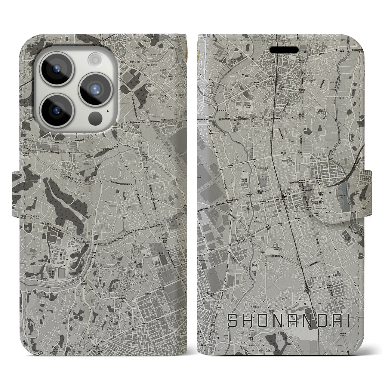 【湘南台(神奈川県)】地図柄iPhoneケース(手帳タイプ)モノトーン・iPhone 15 Pro 用