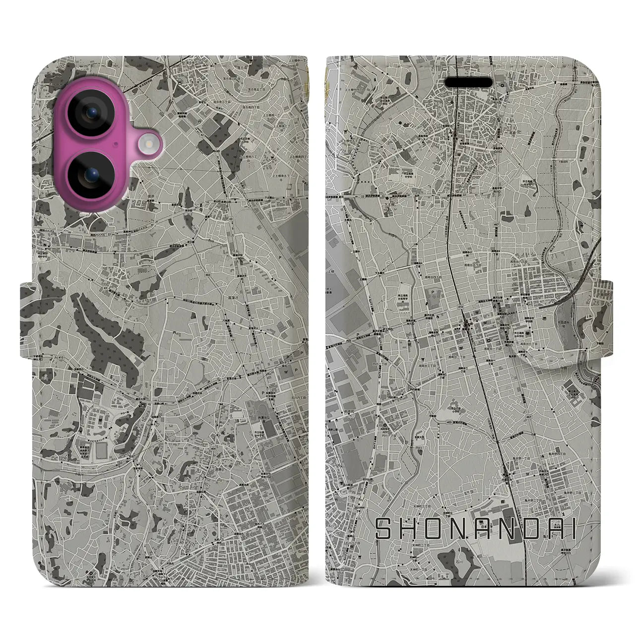 【湘南台(神奈川県)】地図柄iPhoneケース(手帳タイプ)モノトーン・iPhone 16 Pro 用