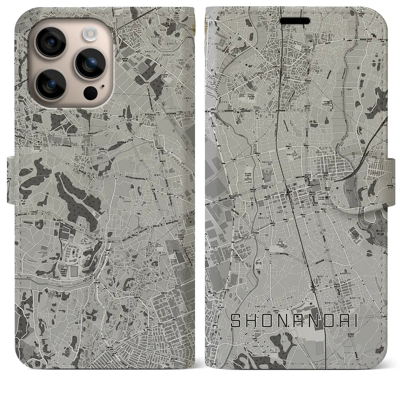 【湘南台(神奈川県)】地図柄iPhoneケース(手帳タイプ)モノトーン・iPhone 16 Plus 用