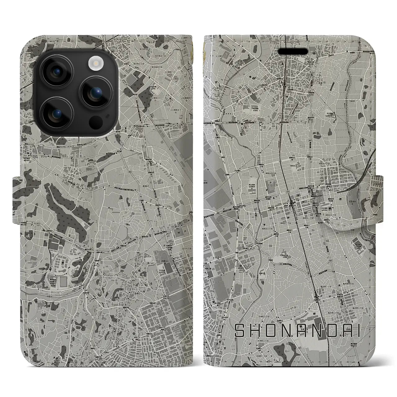 【湘南台(神奈川県)】地図柄iPhoneケース(手帳タイプ)モノトーン・iPhone 16 用