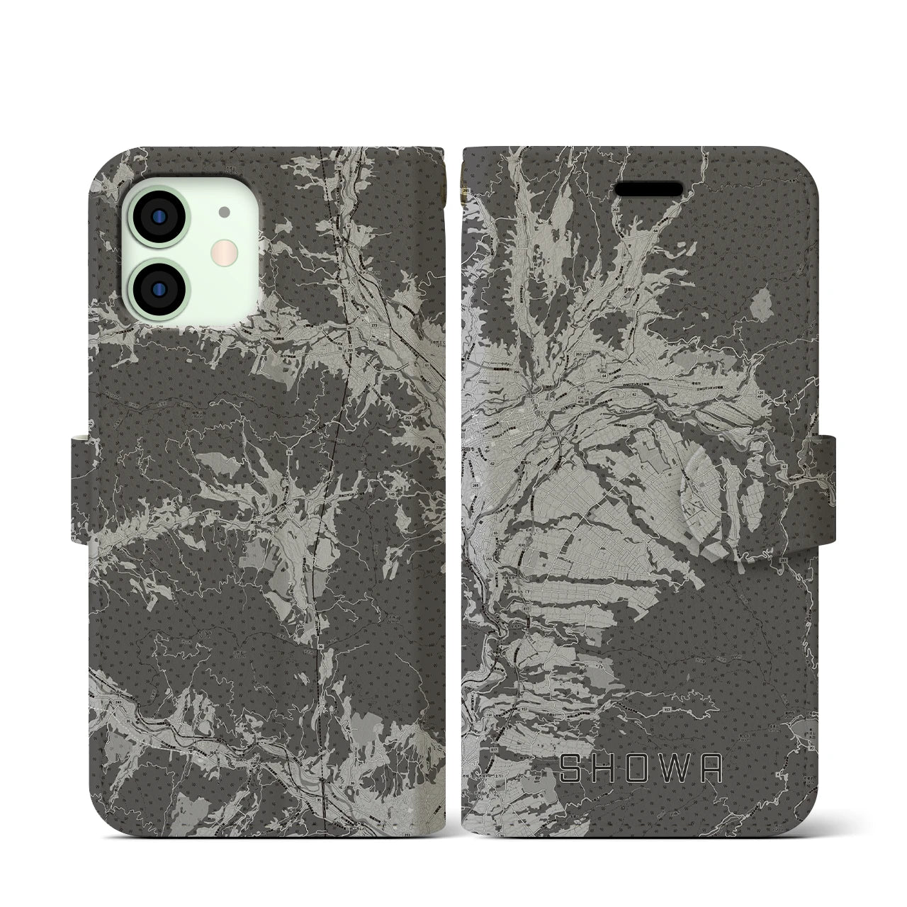 【昭和(群馬県)】地図柄iPhoneケース(手帳タイプ)モノトーン・iPhone 12 mini 用