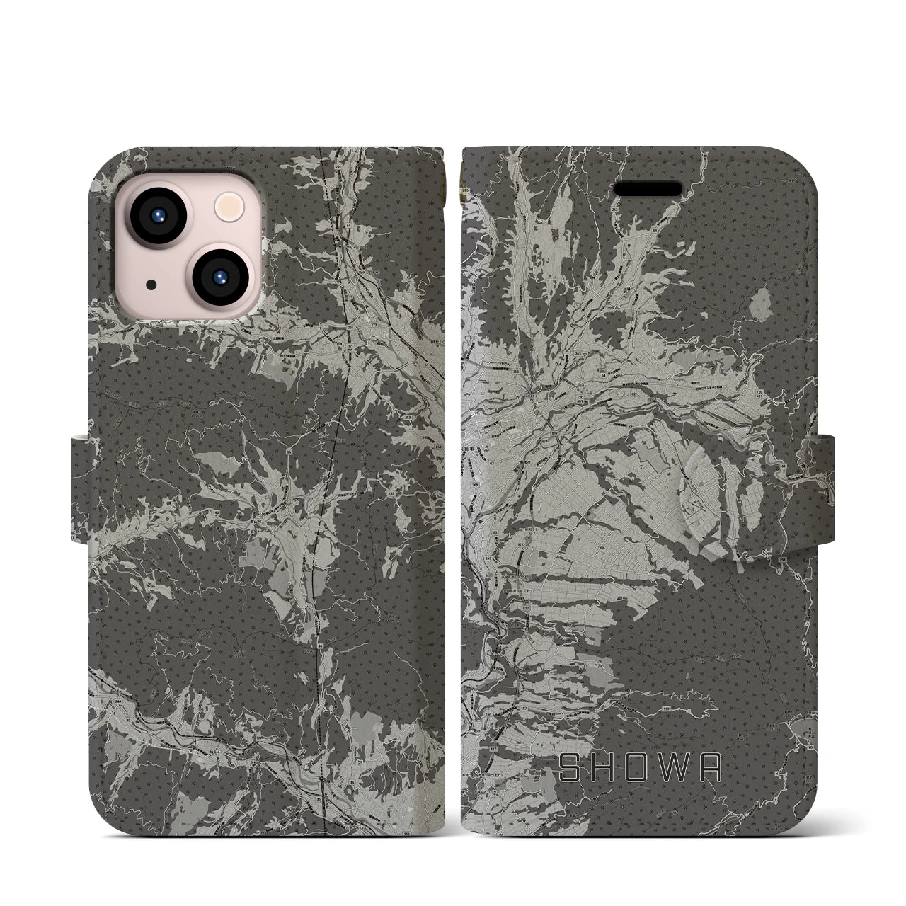 【昭和(群馬県)】地図柄iPhoneケース(手帳タイプ)モノトーン・iPhone 13 mini 用
