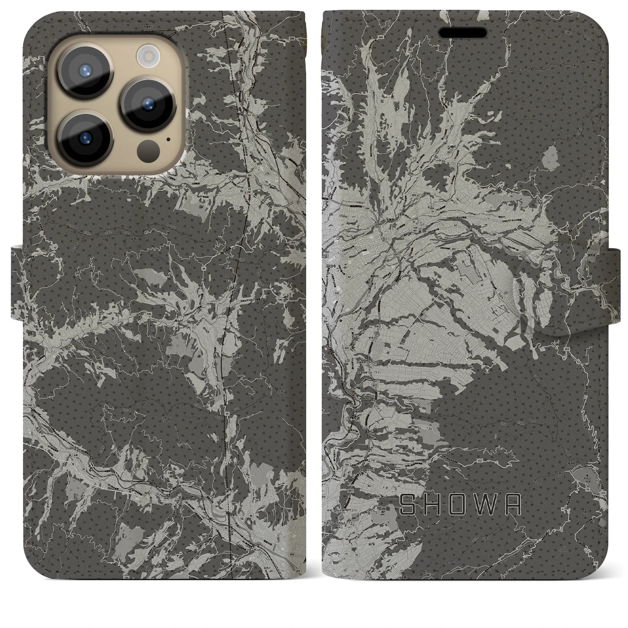 【昭和(群馬県)】地図柄iPhoneケース(手帳タイプ)モノトーン・iPhone 14 Pro Max 用