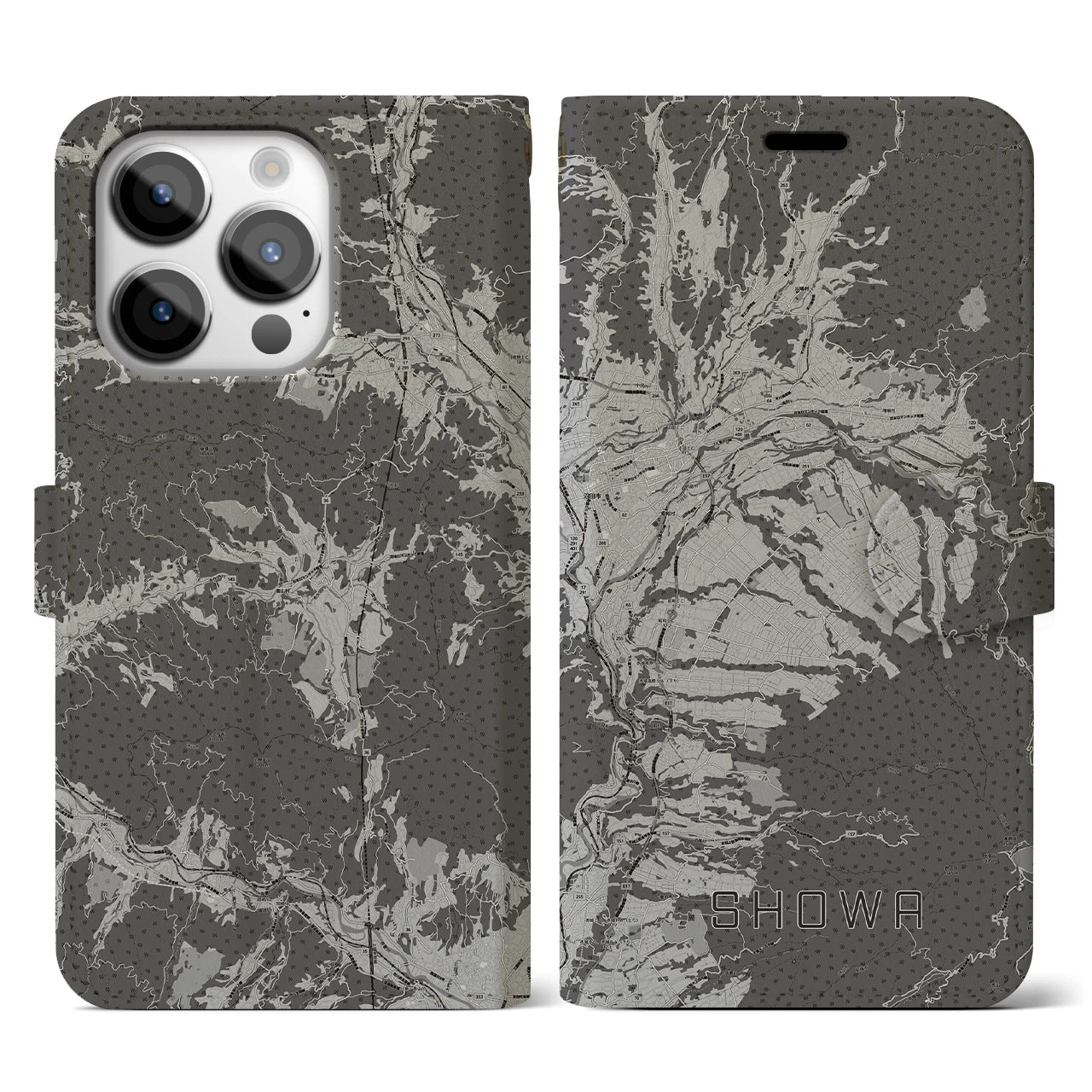 【昭和(群馬県)】地図柄iPhoneケース(手帳タイプ)モノトーン・iPhone 14 Pro 用