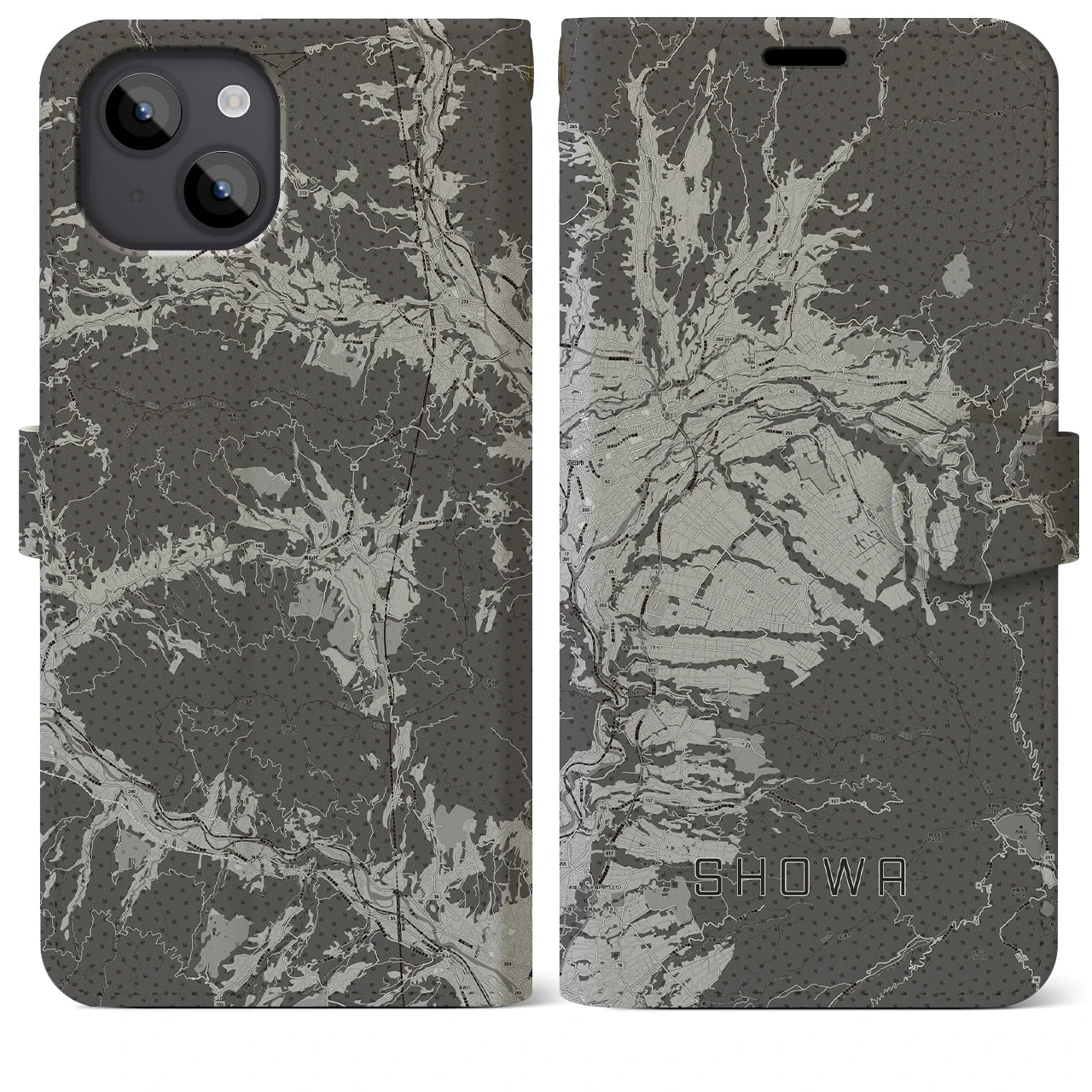 【昭和(群馬県)】地図柄iPhoneケース(手帳タイプ)モノトーン・iPhone 14 Plus 用