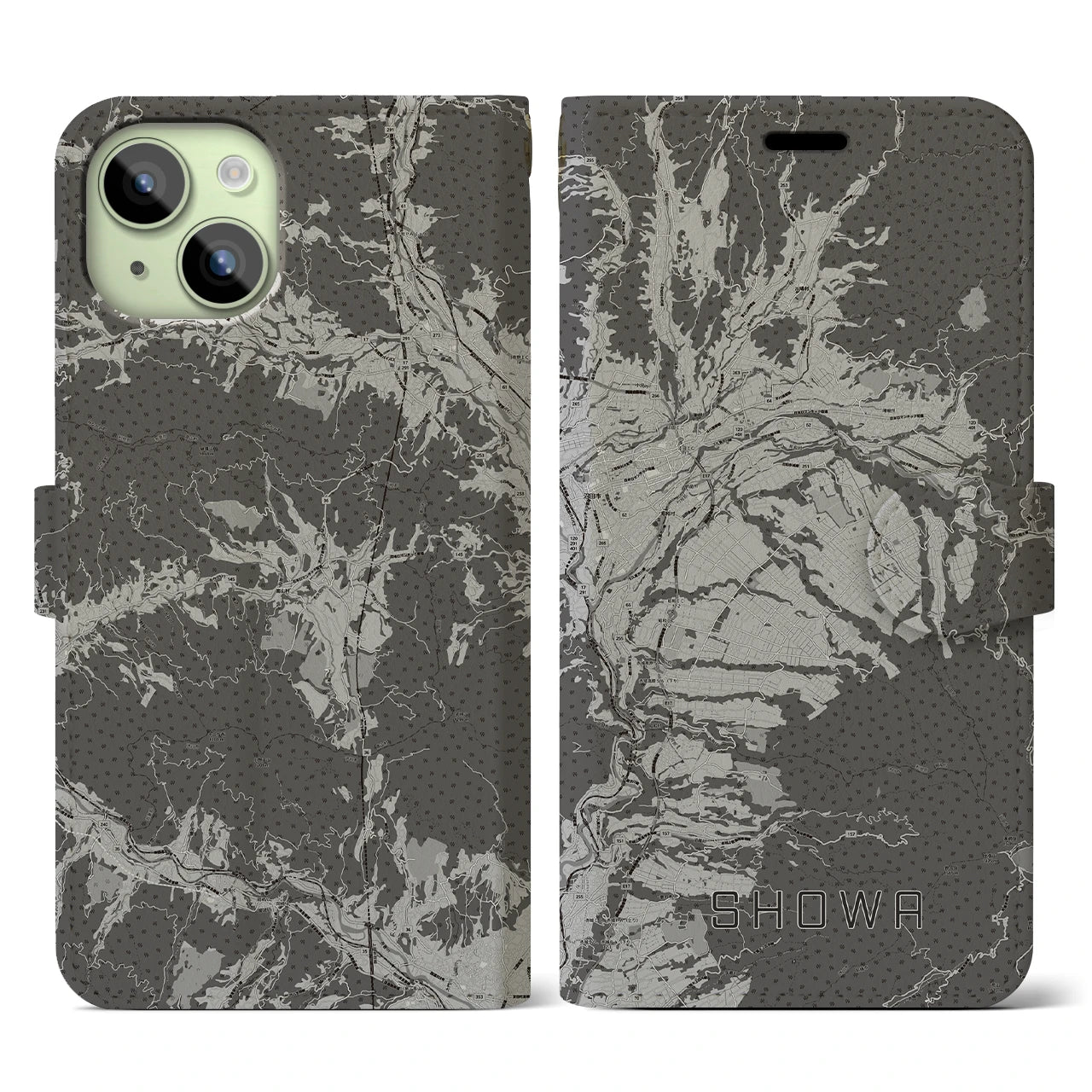 【昭和(群馬県)】地図柄iPhoneケース(手帳タイプ)モノトーン・iPhone 15 用
