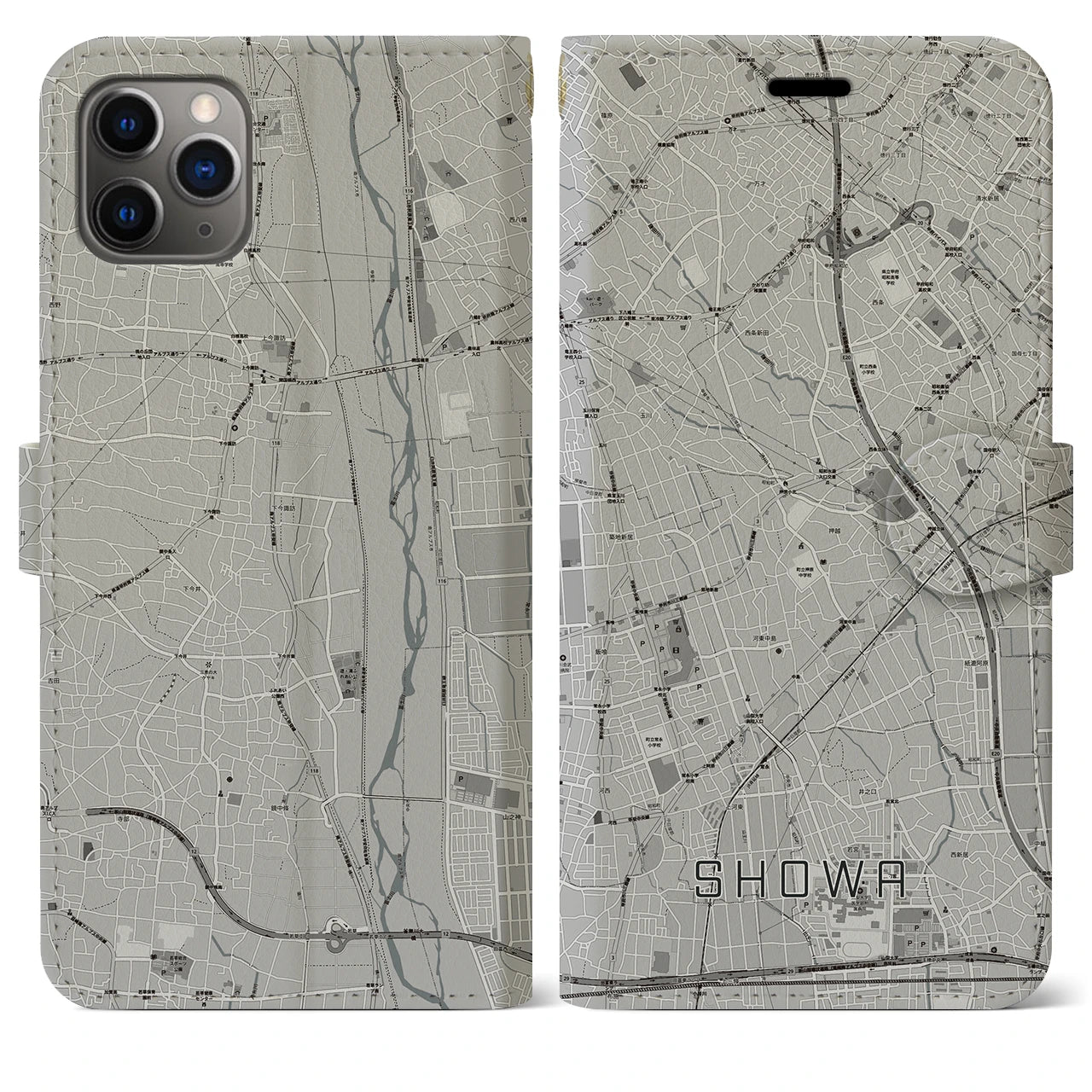 【昭和(山梨県)】地図柄iPhoneケース(手帳タイプ)モノトーン・iPhone 11 Pro Max 用