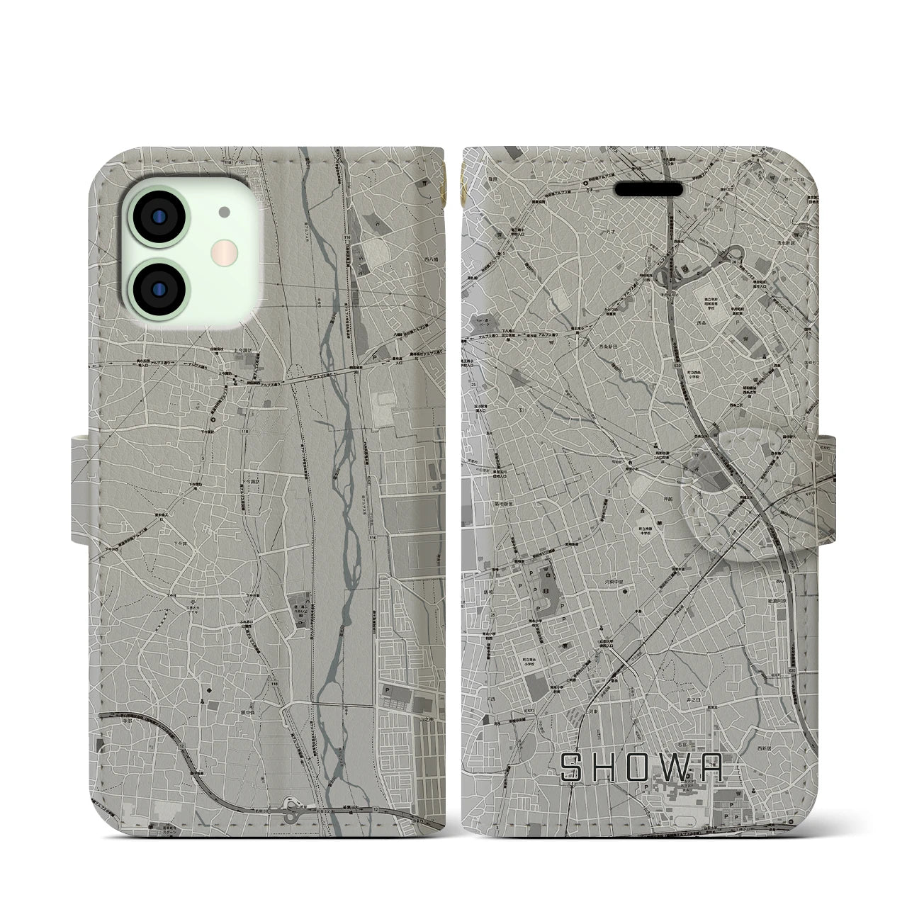 【昭和(山梨県)】地図柄iPhoneケース(手帳タイプ)モノトーン・iPhone 12 mini 用