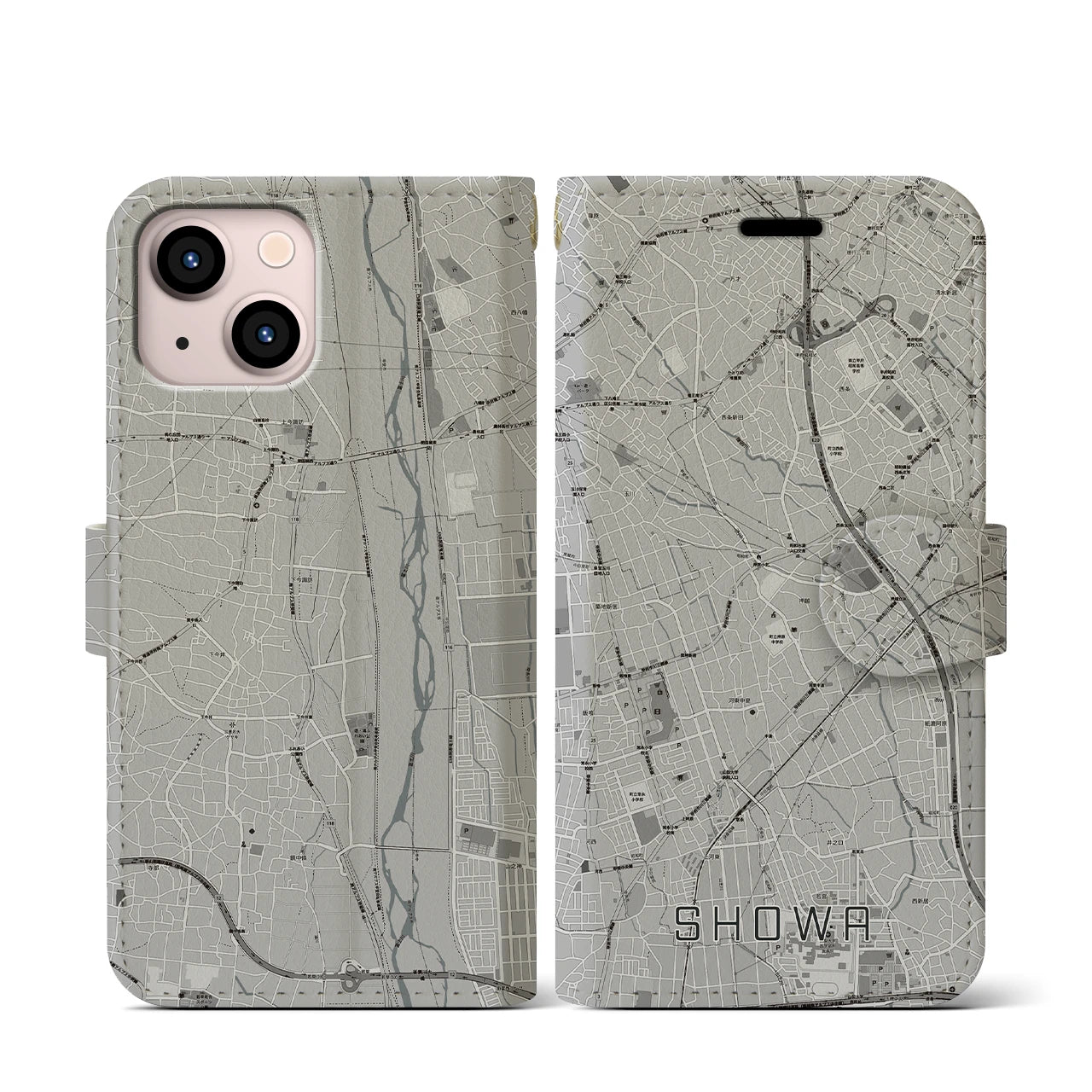 【昭和(山梨県)】地図柄iPhoneケース(手帳タイプ)モノトーン・iPhone 13 mini 用