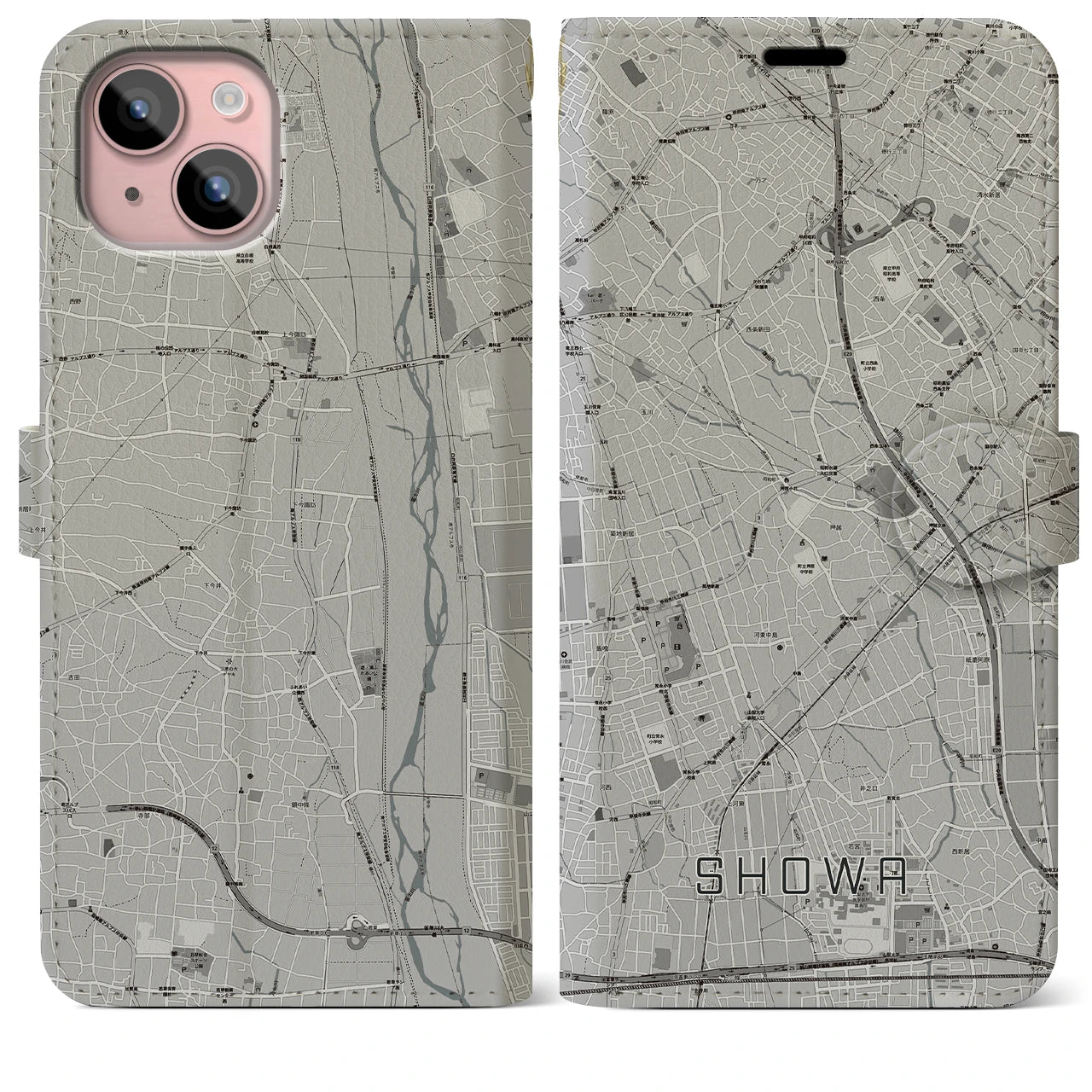 【昭和(山梨県)】地図柄iPhoneケース(手帳タイプ)モノトーン・iPhone 15 Plus 用