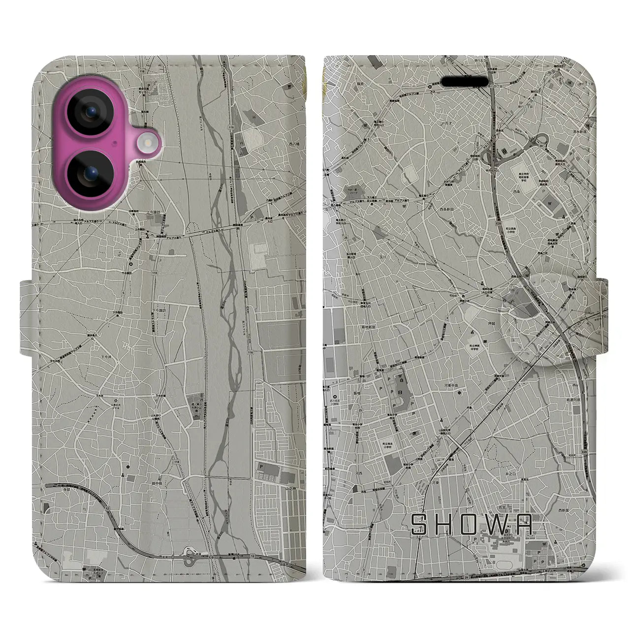 【昭和(山梨県)】地図柄iPhoneケース(手帳タイプ)モノトーン・iPhone 16 Pro 用