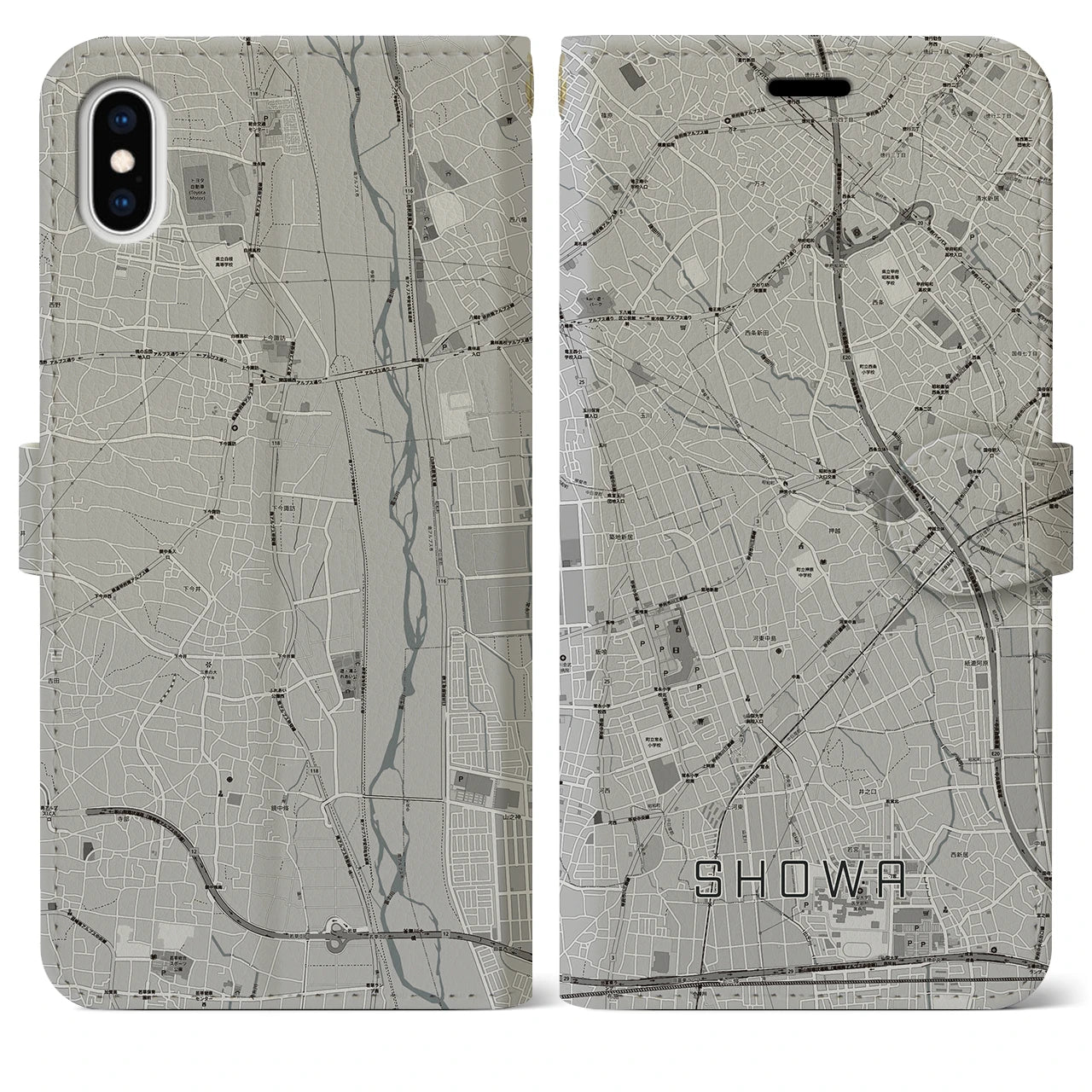 【昭和(山梨県)】地図柄iPhoneケース(手帳タイプ)モノトーン・iPhone XS Max 用