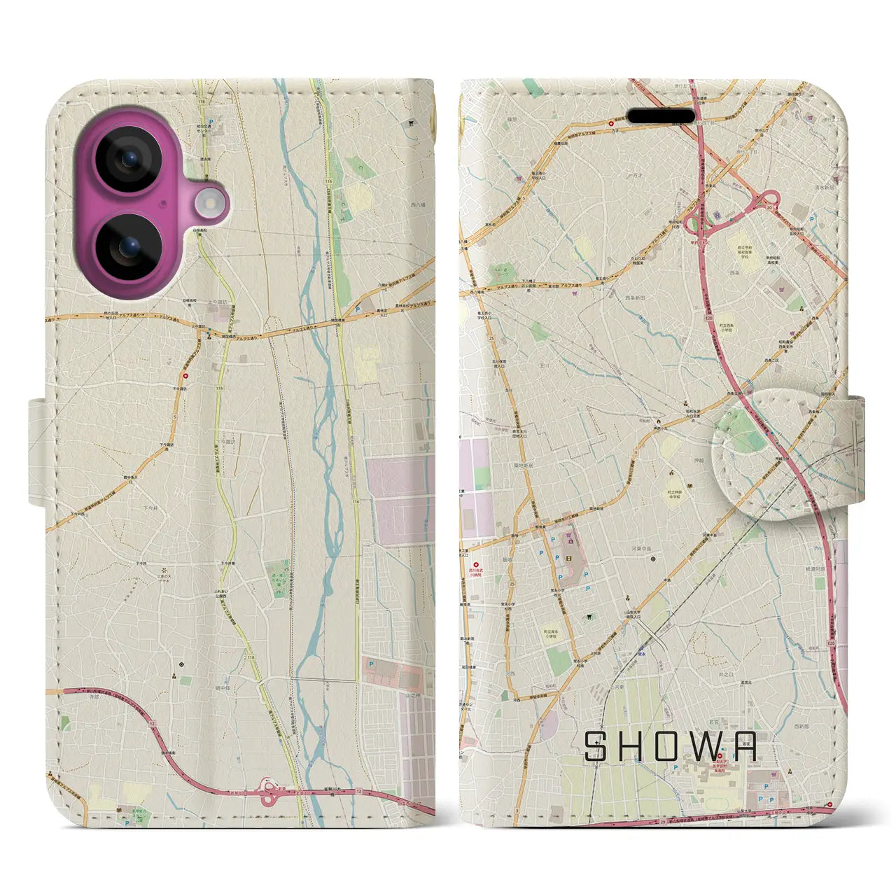 【昭和(山梨県)】地図柄iPhoneケース(手帳タイプ)ナチュラル・iPhone 16 Pro 用