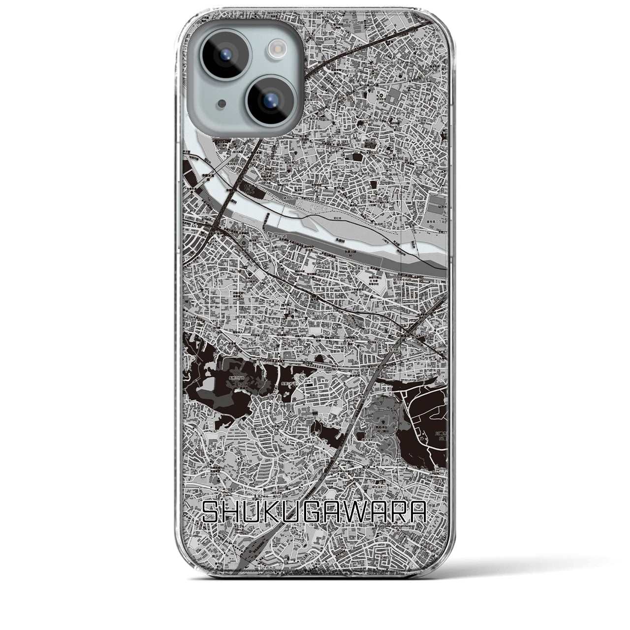 【宿河原(神奈川県)】地図柄iPhoneケース(クリアタイプ)モノトーン・iPhone 15 Plus 用