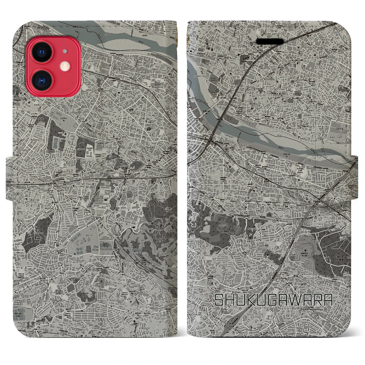 【宿河原(神奈川県)】地図柄iPhoneケース(手帳タイプ)モノトーン・iPhone 11 用