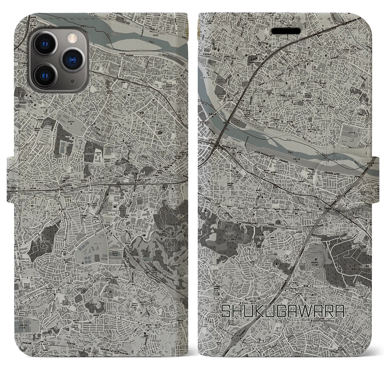 【宿河原(神奈川県)】地図柄iPhoneケース(手帳タイプ)モノトーン・iPhone 11 Pro Max 用