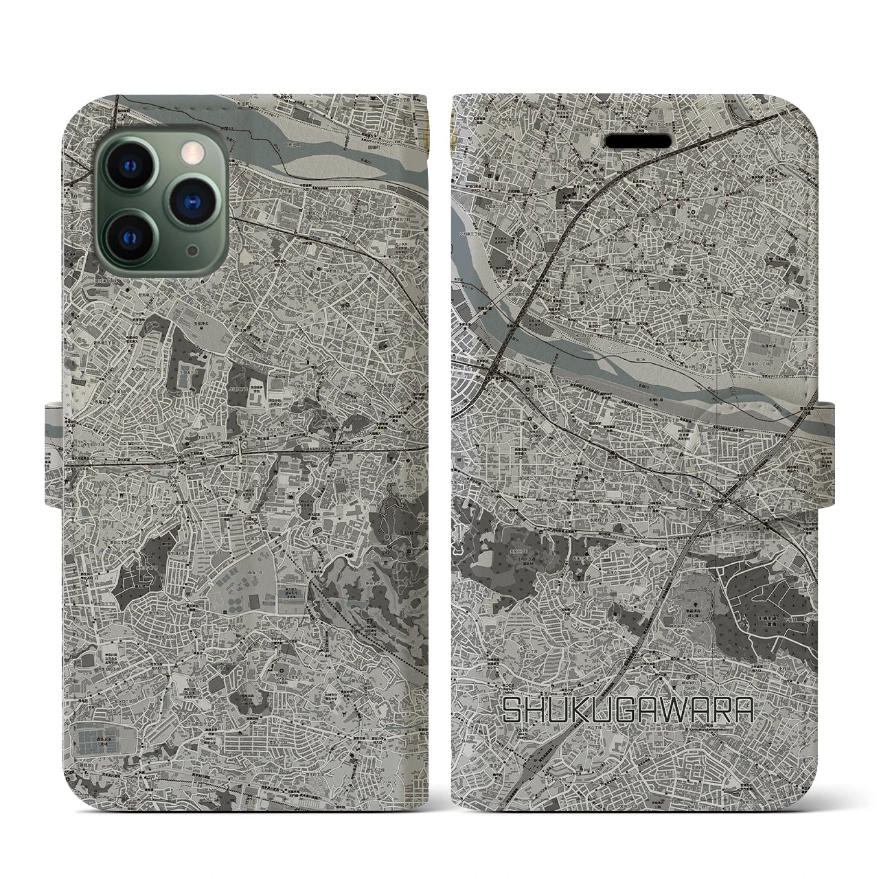 【宿河原(神奈川県)】地図柄iPhoneケース(手帳タイプ)モノトーン・iPhone 11 Pro 用