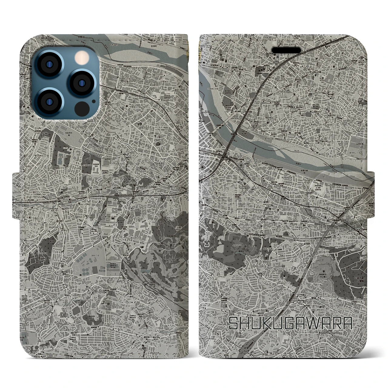 【宿河原(神奈川県)】地図柄iPhoneケース(手帳タイプ)モノトーン・iPhone 12 / 12 Pro 用