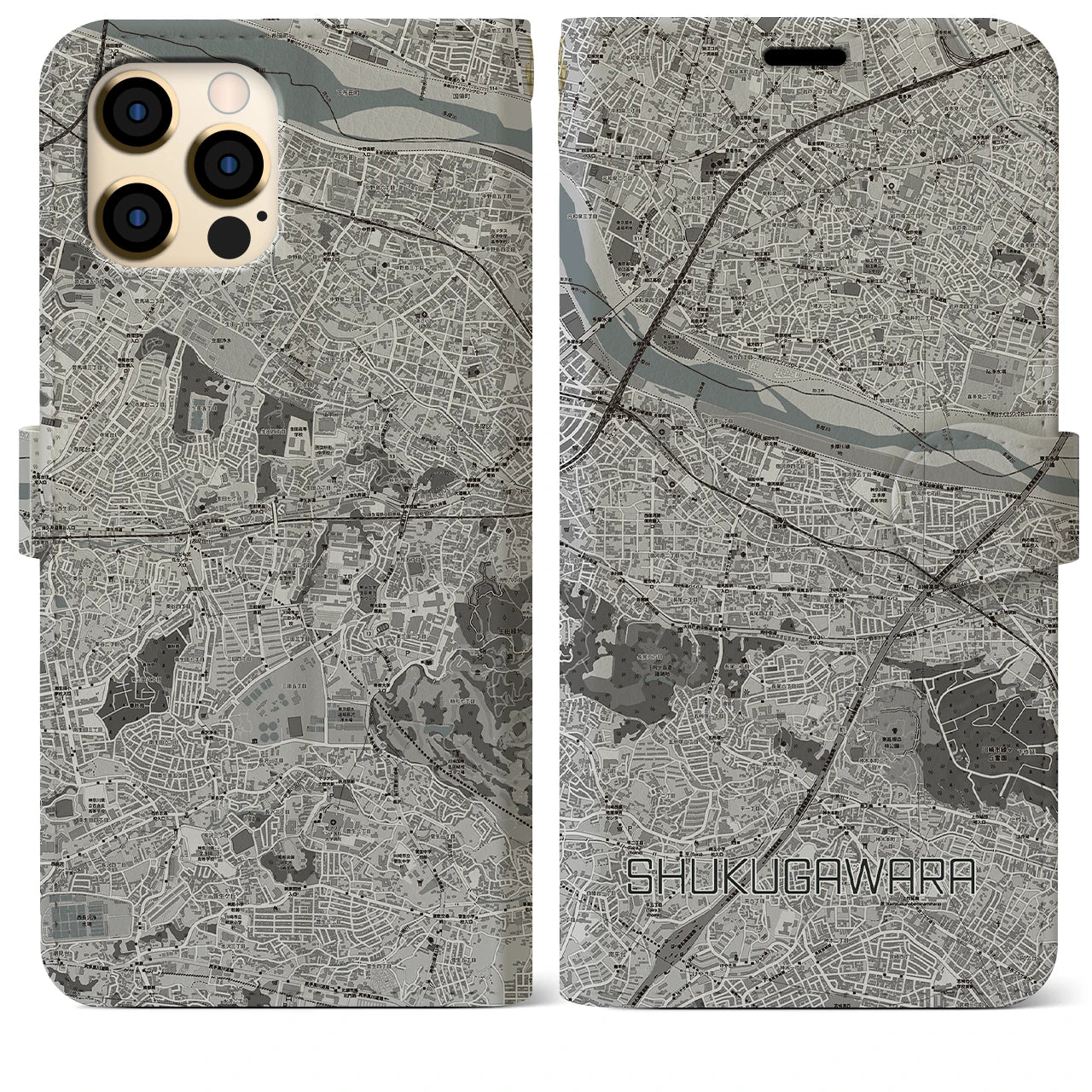【宿河原(神奈川県)】地図柄iPhoneケース(手帳タイプ)モノトーン・iPhone 12 Pro Max 用