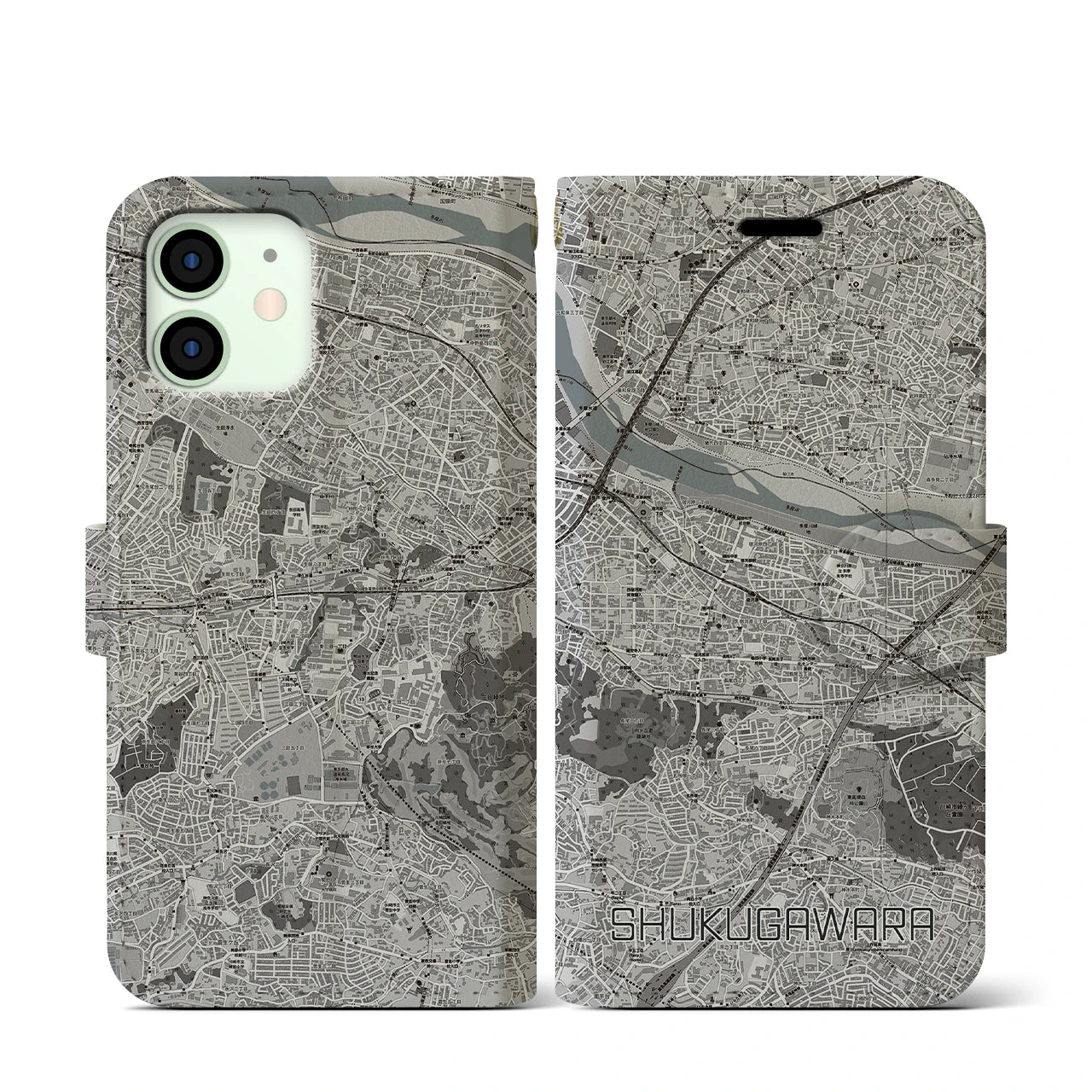【宿河原(神奈川県)】地図柄iPhoneケース(手帳タイプ)モノトーン・iPhone 12 mini 用