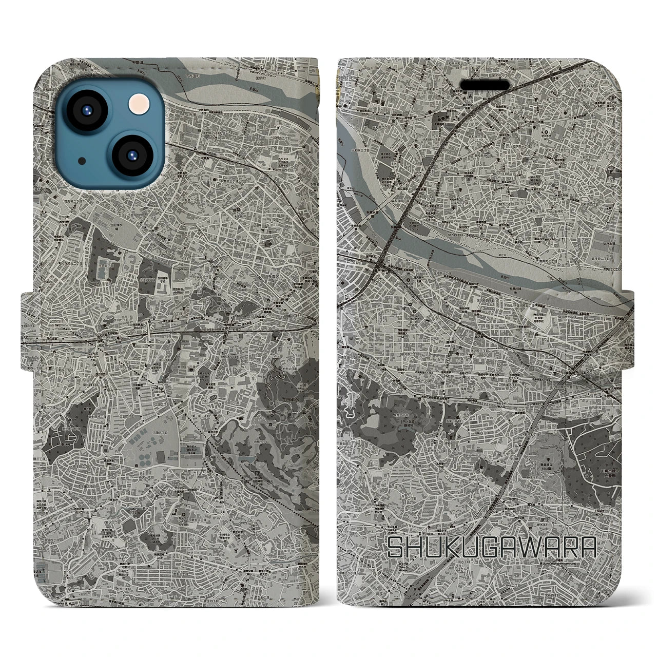 【宿河原(神奈川県)】地図柄iPhoneケース(手帳タイプ)モノトーン・iPhone 13 用