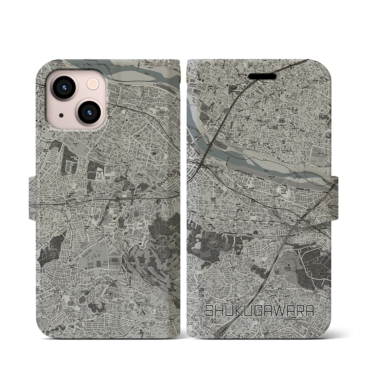 【宿河原(神奈川県)】地図柄iPhoneケース(手帳タイプ)モノトーン・iPhone 13 mini 用