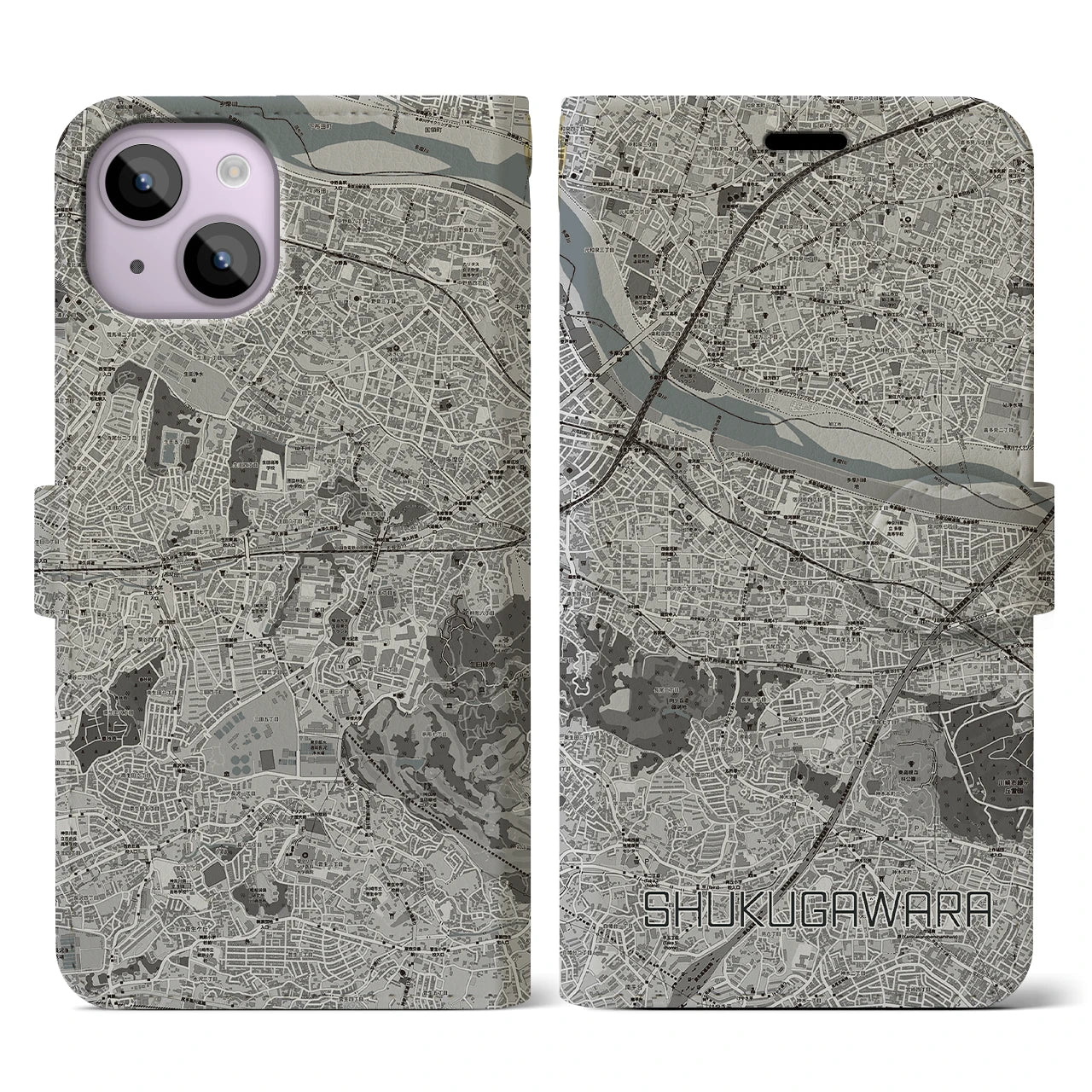 【宿河原(神奈川県)】地図柄iPhoneケース(手帳タイプ)モノトーン・iPhone 14 用