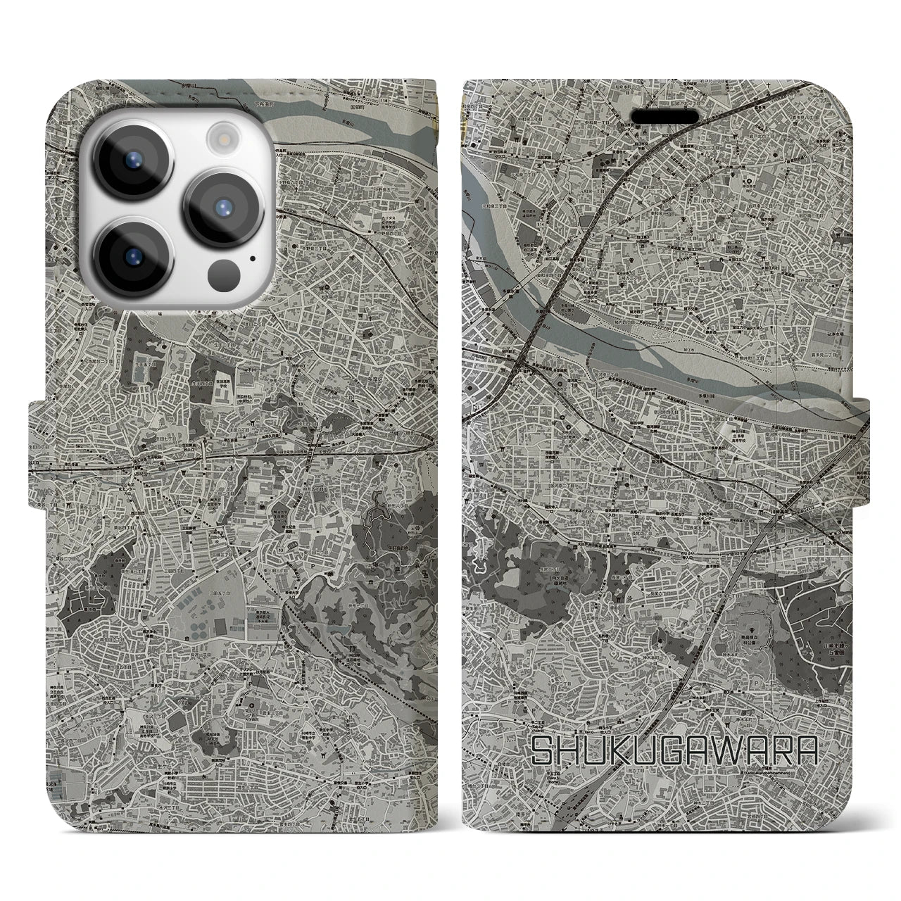【宿河原(神奈川県)】地図柄iPhoneケース(手帳タイプ)モノトーン・iPhone 14 Pro 用