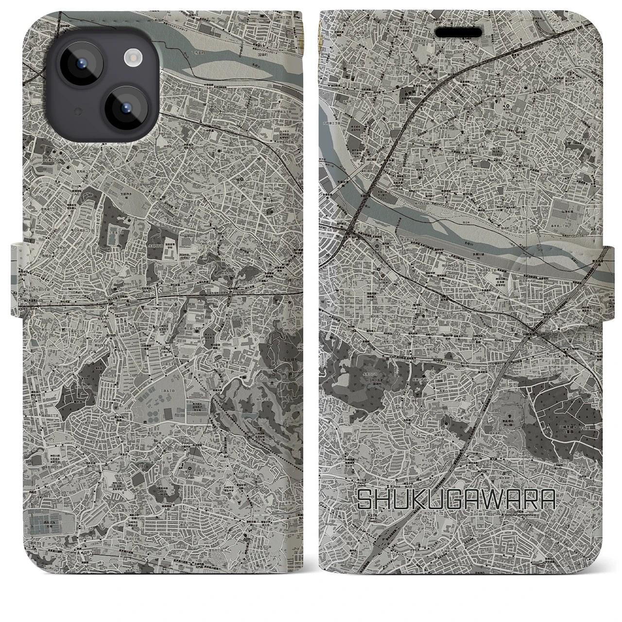 【宿河原(神奈川県)】地図柄iPhoneケース(手帳タイプ)モノトーン・iPhone 14 Plus 用