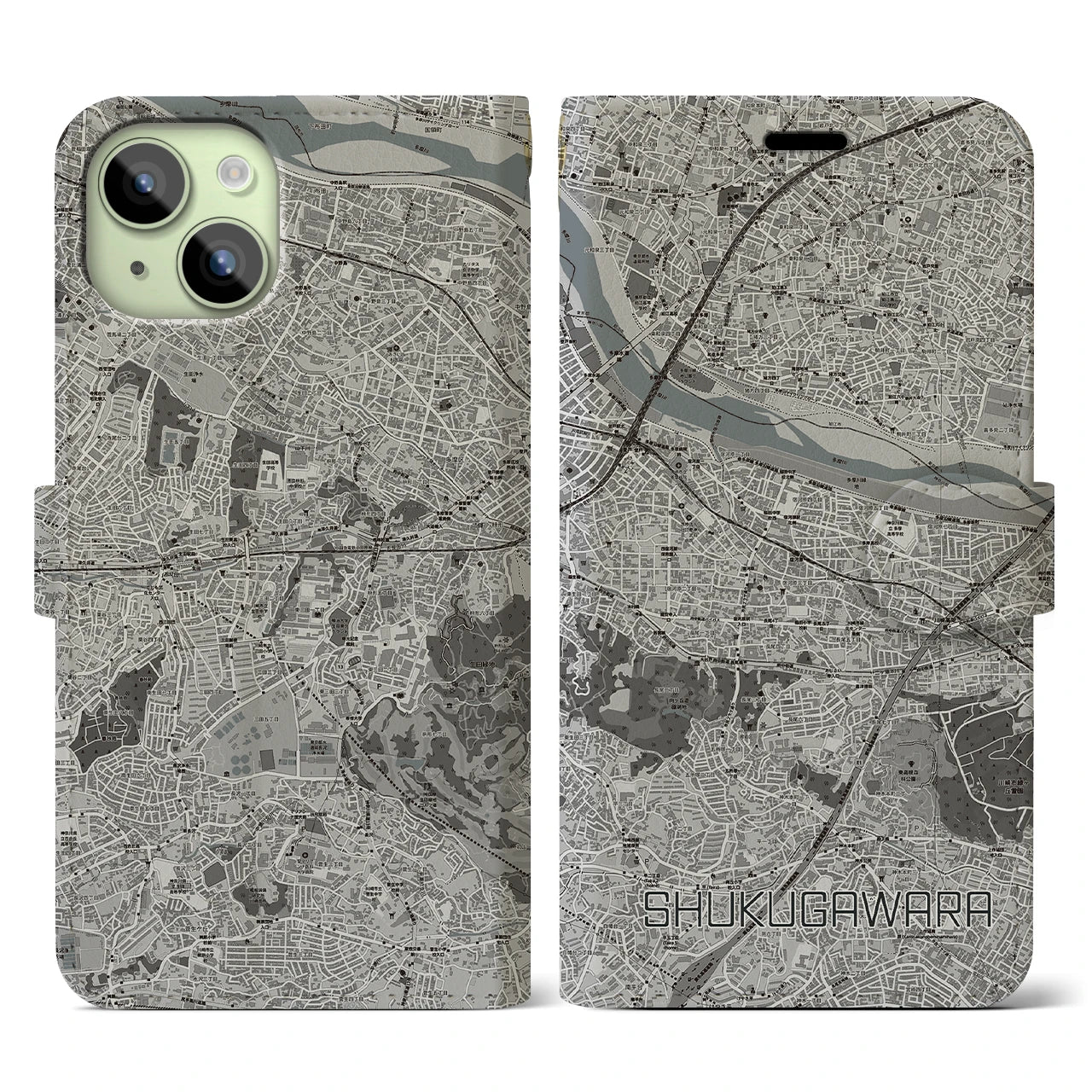 【宿河原(神奈川県)】地図柄iPhoneケース(手帳タイプ)モノトーン・iPhone 15 用