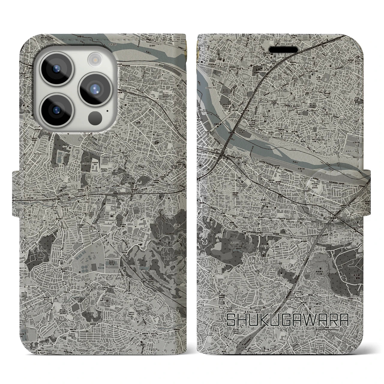 【宿河原(神奈川県)】地図柄iPhoneケース(手帳タイプ)モノトーン・iPhone 15 Pro 用