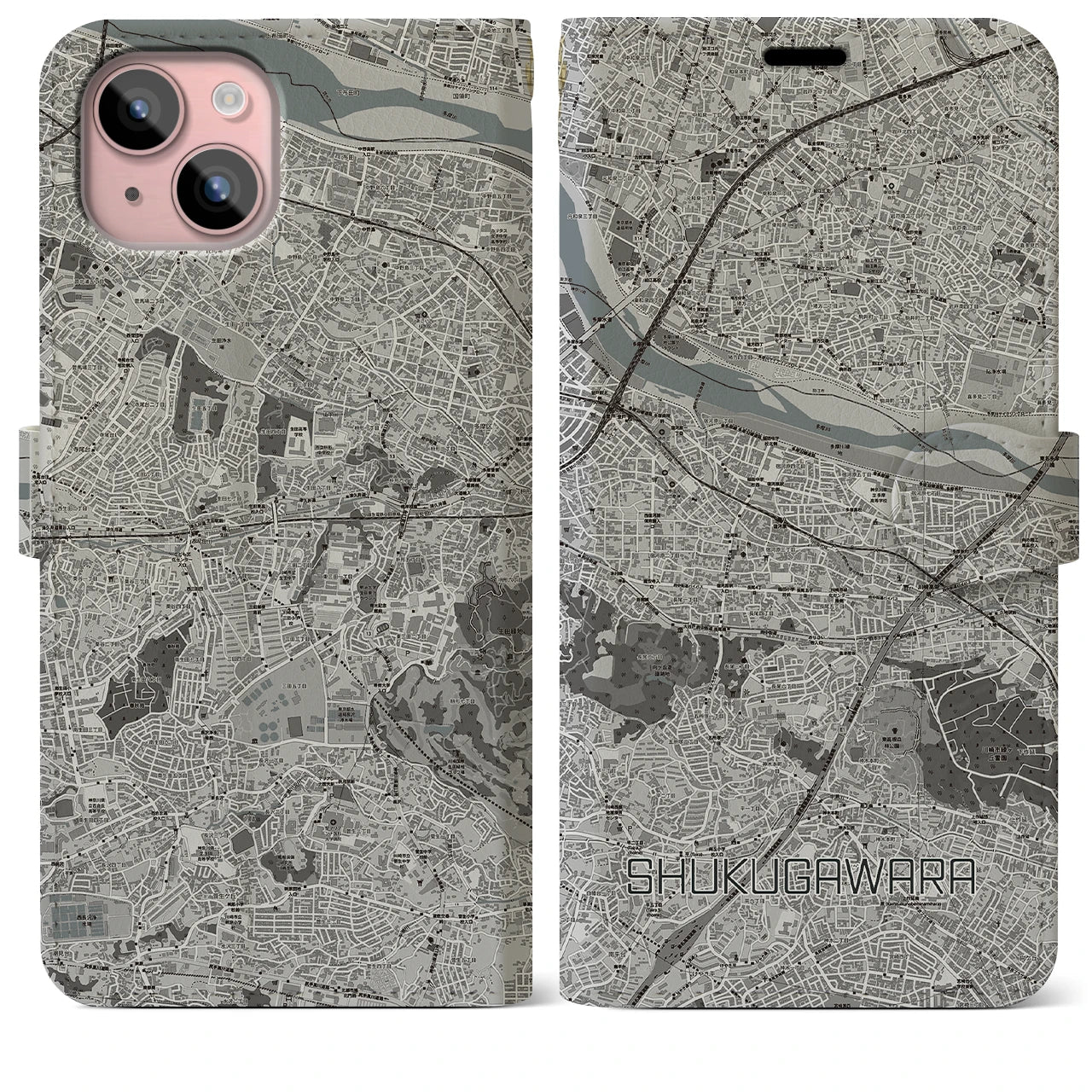 【宿河原(神奈川県)】地図柄iPhoneケース(手帳タイプ)モノトーン・iPhone 15 Plus 用