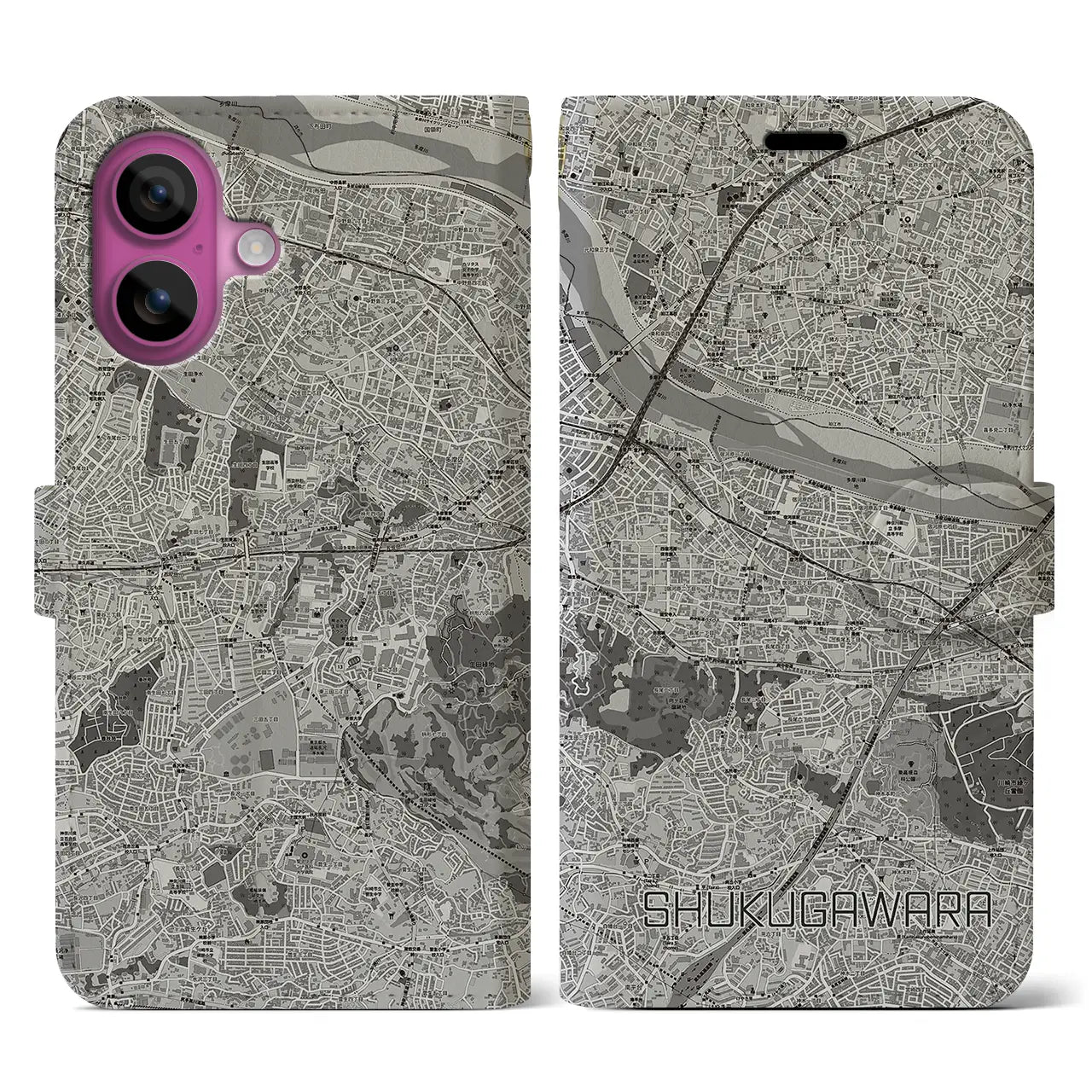 【宿河原(神奈川県)】地図柄iPhoneケース(手帳タイプ)モノトーン・iPhone 16 Pro 用