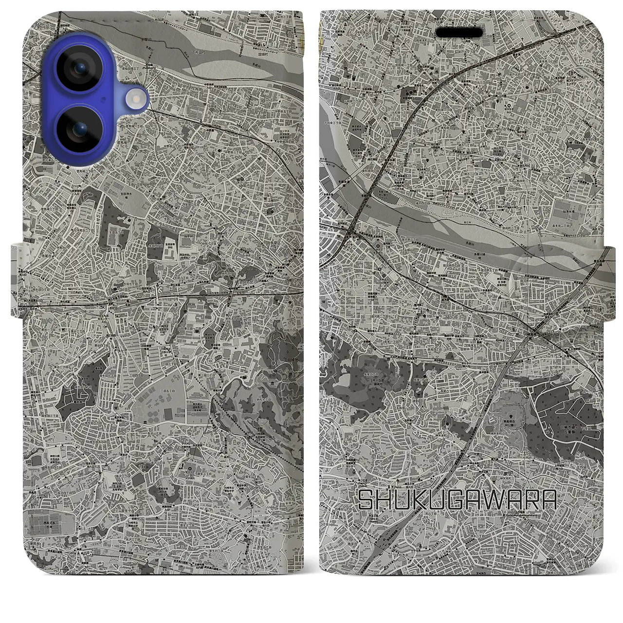 【宿河原(神奈川県)】地図柄iPhoneケース(手帳タイプ)モノトーン・iPhone 16 Pro Max 用