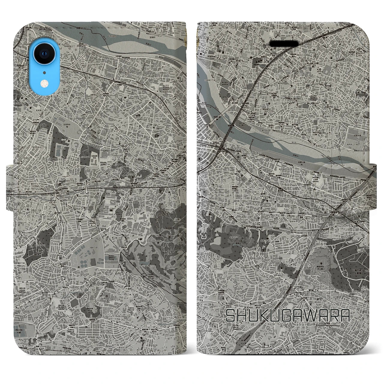 【宿河原(神奈川県)】地図柄iPhoneケース(手帳タイプ)モノトーン・iPhone XR 用