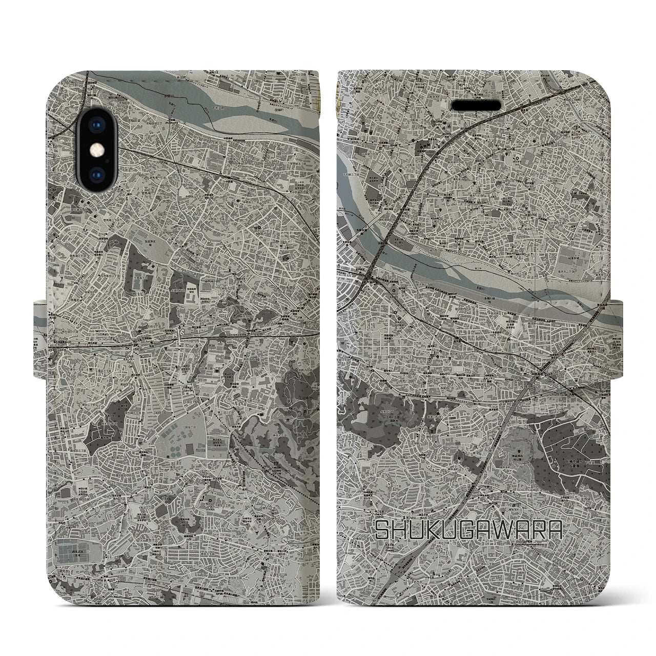 【宿河原(神奈川県)】地図柄iPhoneケース(手帳タイプ)モノトーン・iPhone XS / X 用