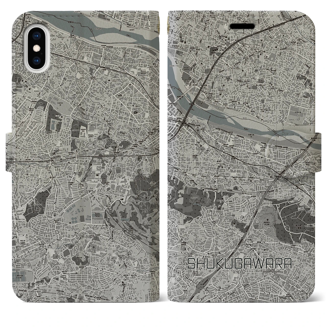 【宿河原(神奈川県)】地図柄iPhoneケース(手帳タイプ)モノトーン・iPhone XS Max 用