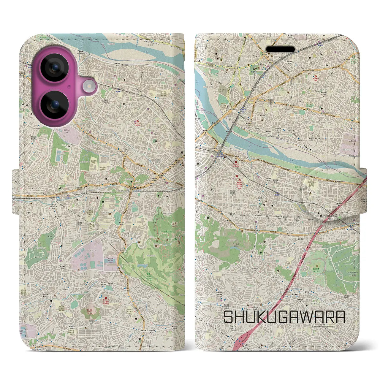 【宿河原(神奈川県)】地図柄iPhoneケース(手帳タイプ)ナチュラル・iPhone 16 Pro 用