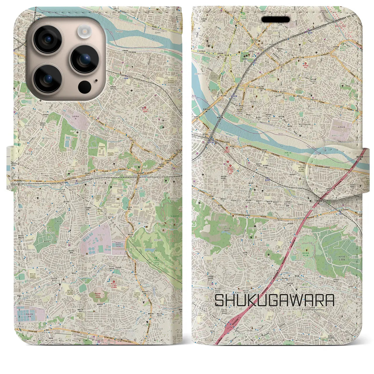 【宿河原(神奈川県)】地図柄iPhoneケース(手帳タイプ)ナチュラル・iPhone 16 Plus 用
